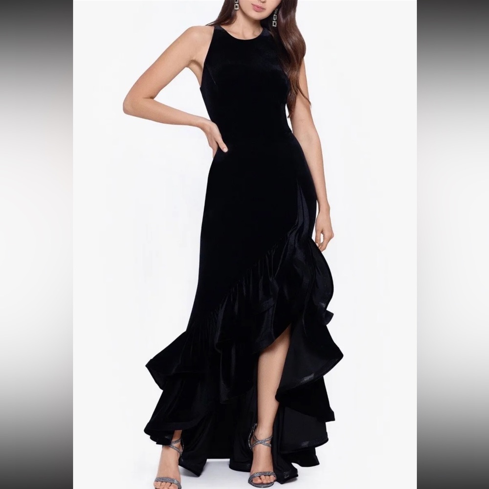 Betsy & Adam Long Velvet Tiered Ruffle Dress Black Size 6